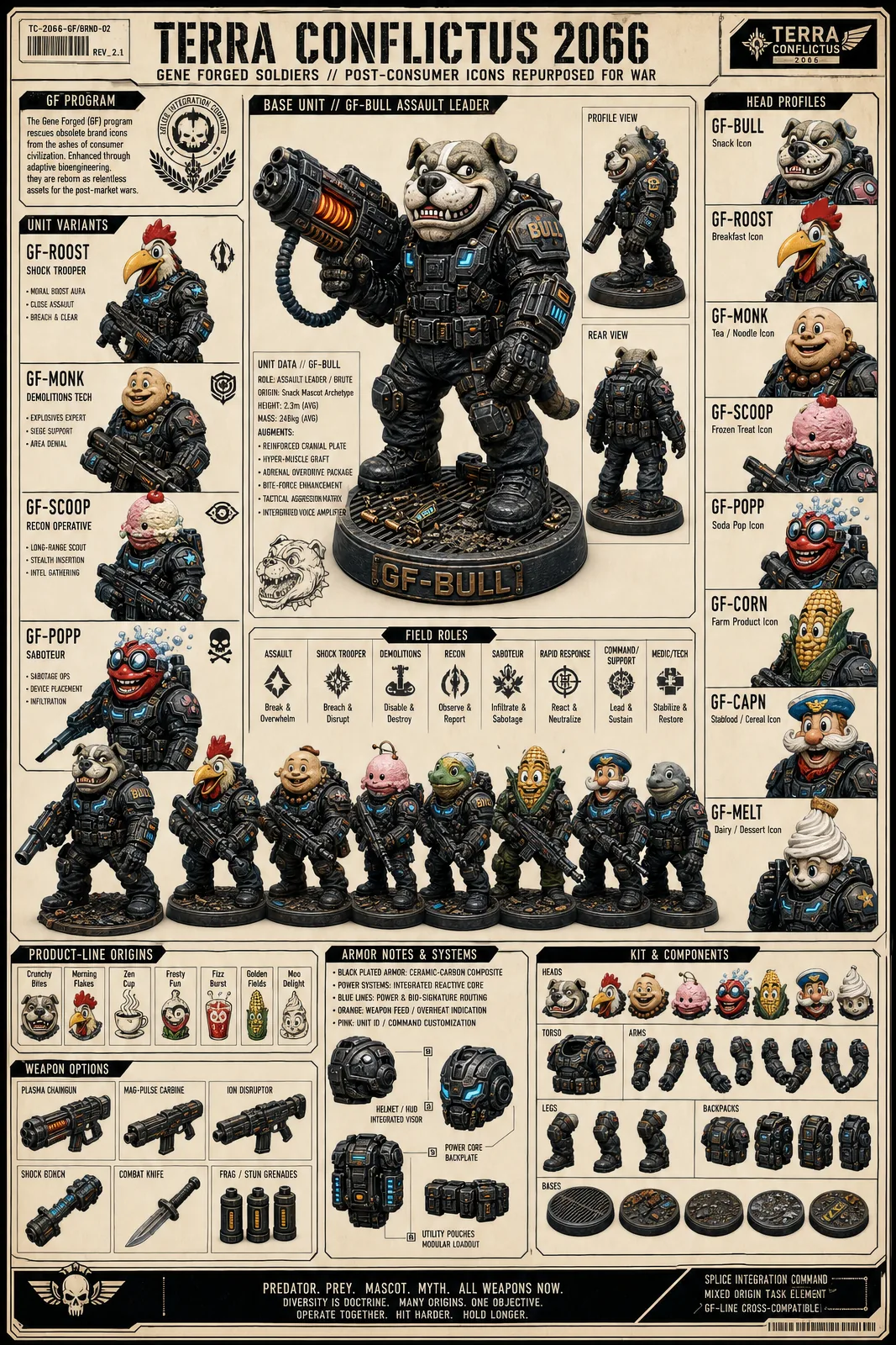 Gene-forged product catalog: consumer mascots repurposed for war