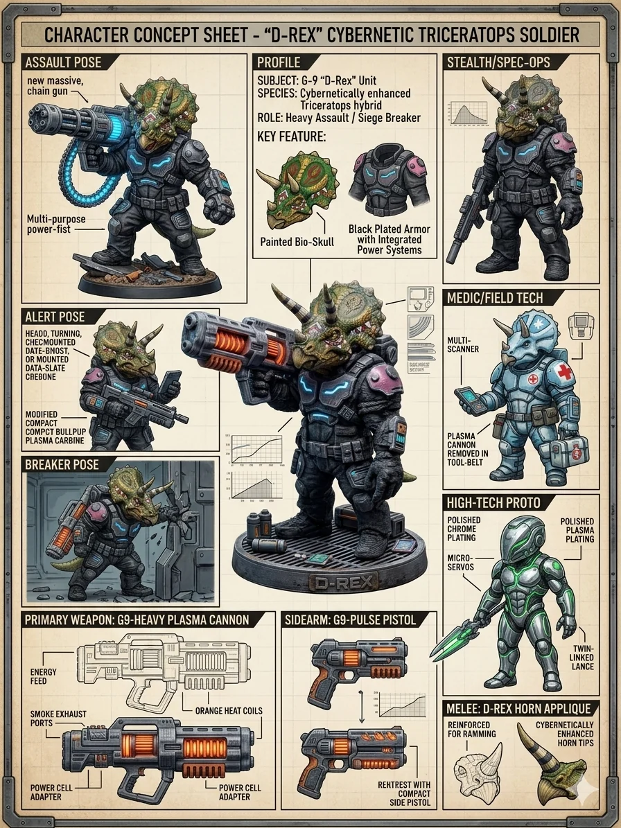 D-Rex character concept sheet: poses, profile, weapons, applique