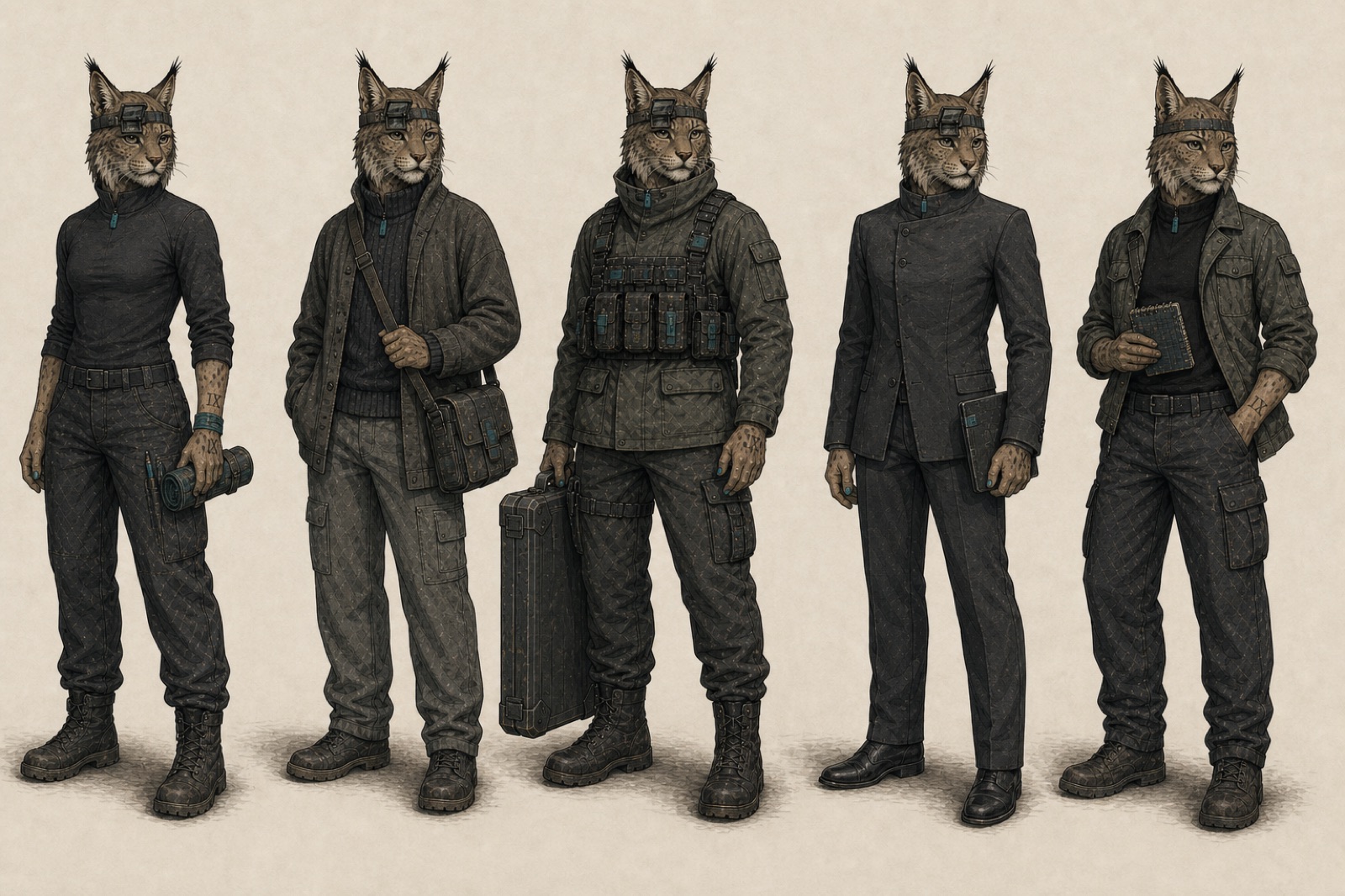 Cas across five fits: a base thermal with belt kit, a cardigan and satchel, a full modular rig with rifle case, a closed-collar suit, and a work jacket with notebook in hand. The lynx head, brow band with loupe, and bare tufted ears hold in every fit, with teal tags doing scarce work.
