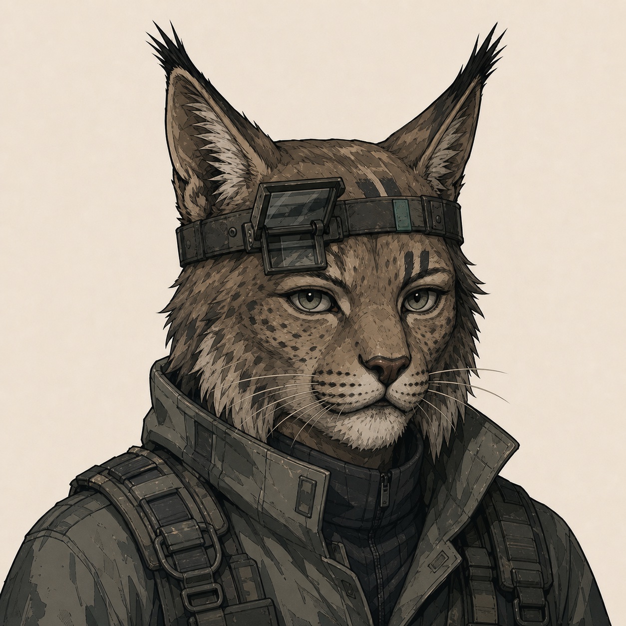 Cas, Caseline-9: a fully forged lynx-lineage operator, spotted tawny face, long black-tipped ear tufts, two dark tally marks under one eye, a flip-down optic on a headband strap over a high-collared tactical jacket with a teal tab.