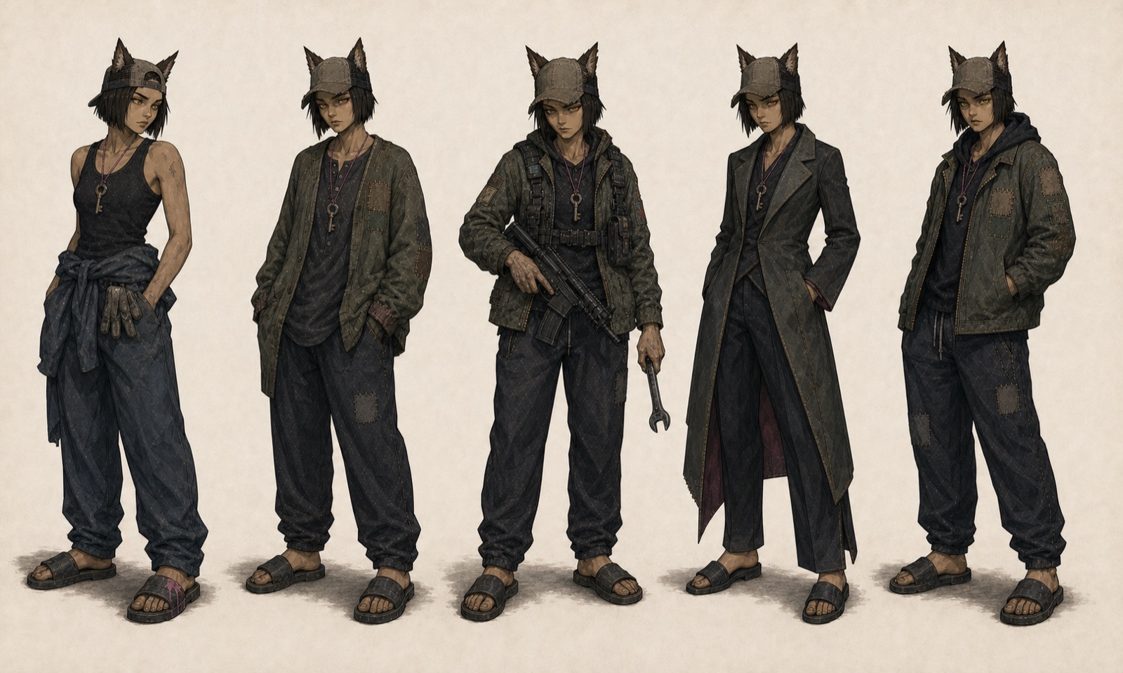 Danka Ivel across five fits: a grease-marked tank with a coverall tied at the waist, an open patched overshirt, a tactical rig with rifle and wrench, a long tailored coat, and a hoodie under the patched field jacket. In every fit: wolf ears through the trucker cap, the hand-cut key on its cord, and foam slides.