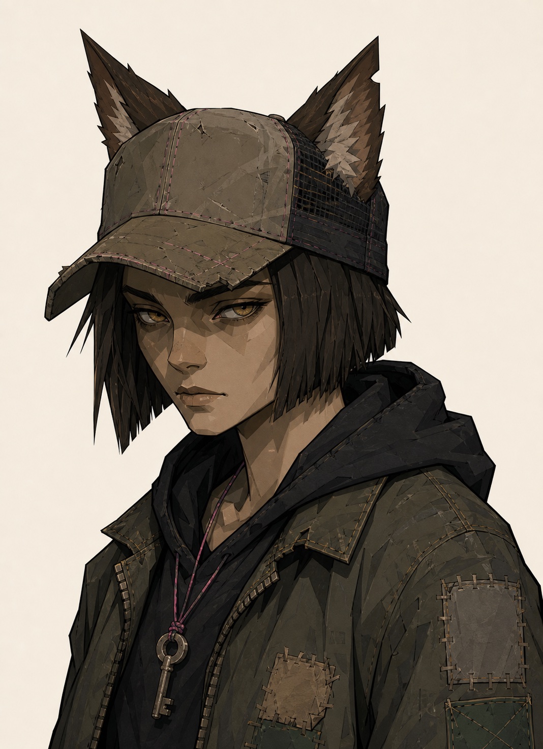 Danka Ivel: a human-faced wolf-lineage operator in three-quarter profile, amber-eyed, with wolf ears through a battered junk-shop trucker cap, a key on a cord at her throat, and a patched field jacket with the unit markings torn off.