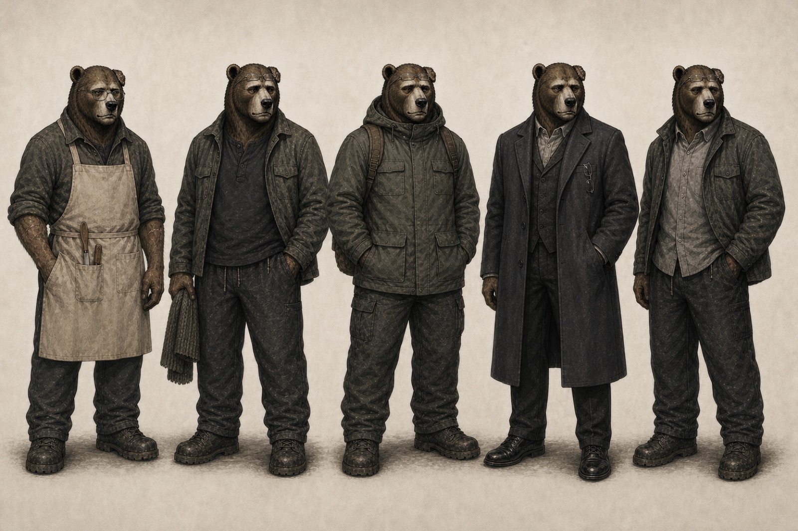 Grigor Tam across five fits: kitchen apron with the paring knife in the pocket, open surplus overshirt, a closed parka with rucksack, a tailored overcoat with waistcoat, and a plain collared shirt under the overshirt. The bear head, wire readers, and maintained boots hold in every fit.