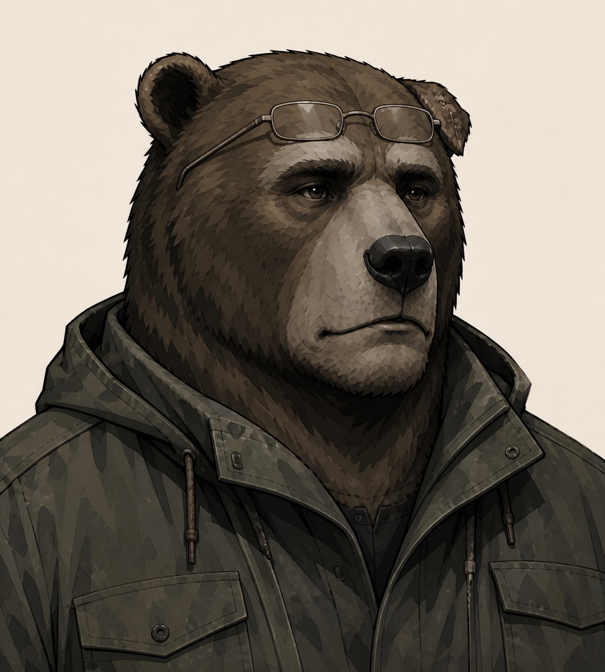 Grigor Tam: a fully forged bear-lineage operator, broad brown-furred head with a level, tired gaze, reading glasses pushed up on his forehead, one ear scarred, wearing plain Eastern Compact cold-weather surplus.