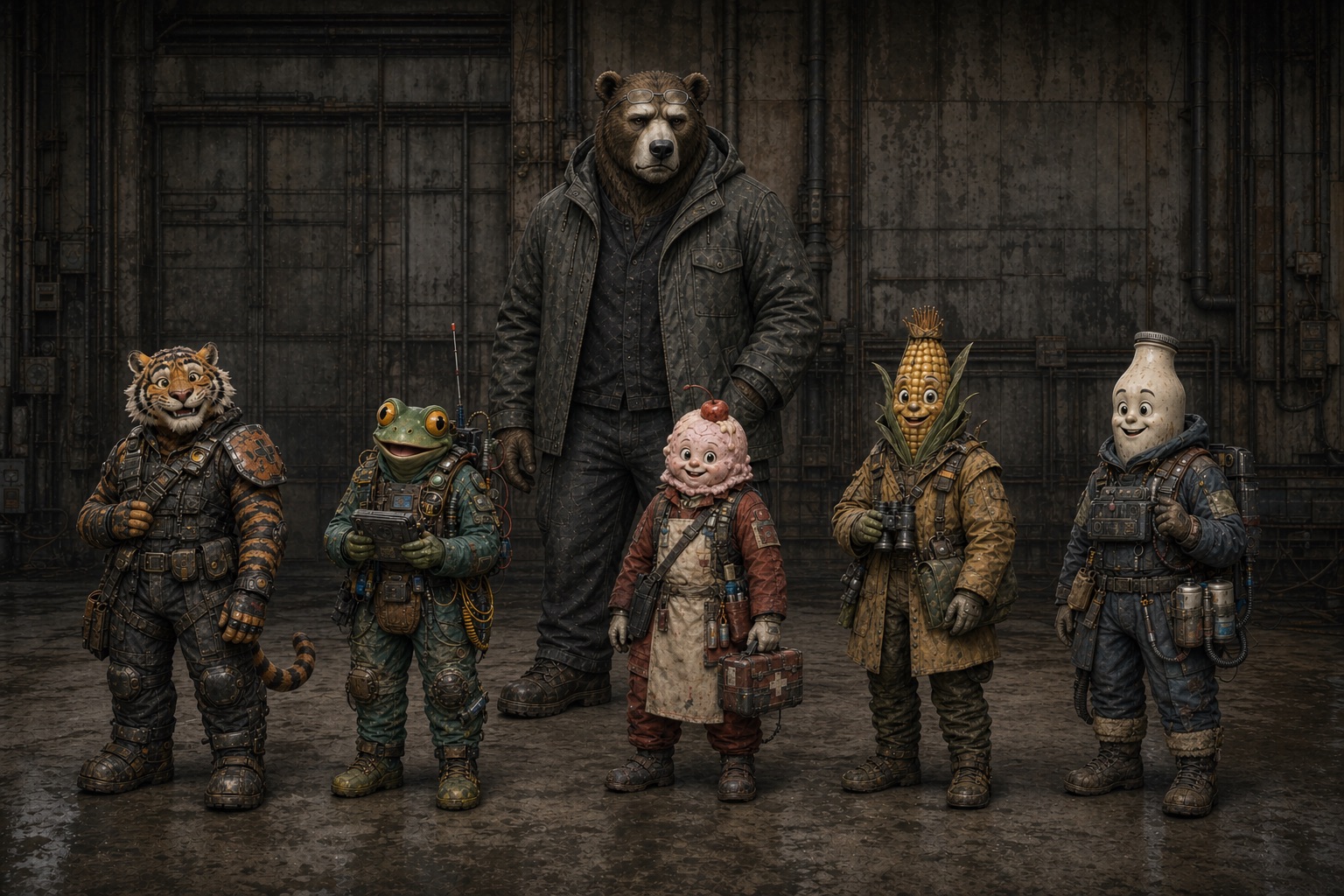 Five impulse stock units of the food and field-specialist lines in the garage with Grigor behind them as the adult scale reference: Stripes the tiger in patched armor, Fizzer the frog in a wired diving-style rig holding a tablet, Topper the sundae with a cherry carrying a first-aid case, the Harvest King corn cob with binoculars, and the Milkman bottle with a backpack of canisters. Each unit stands about half Grigor's height.