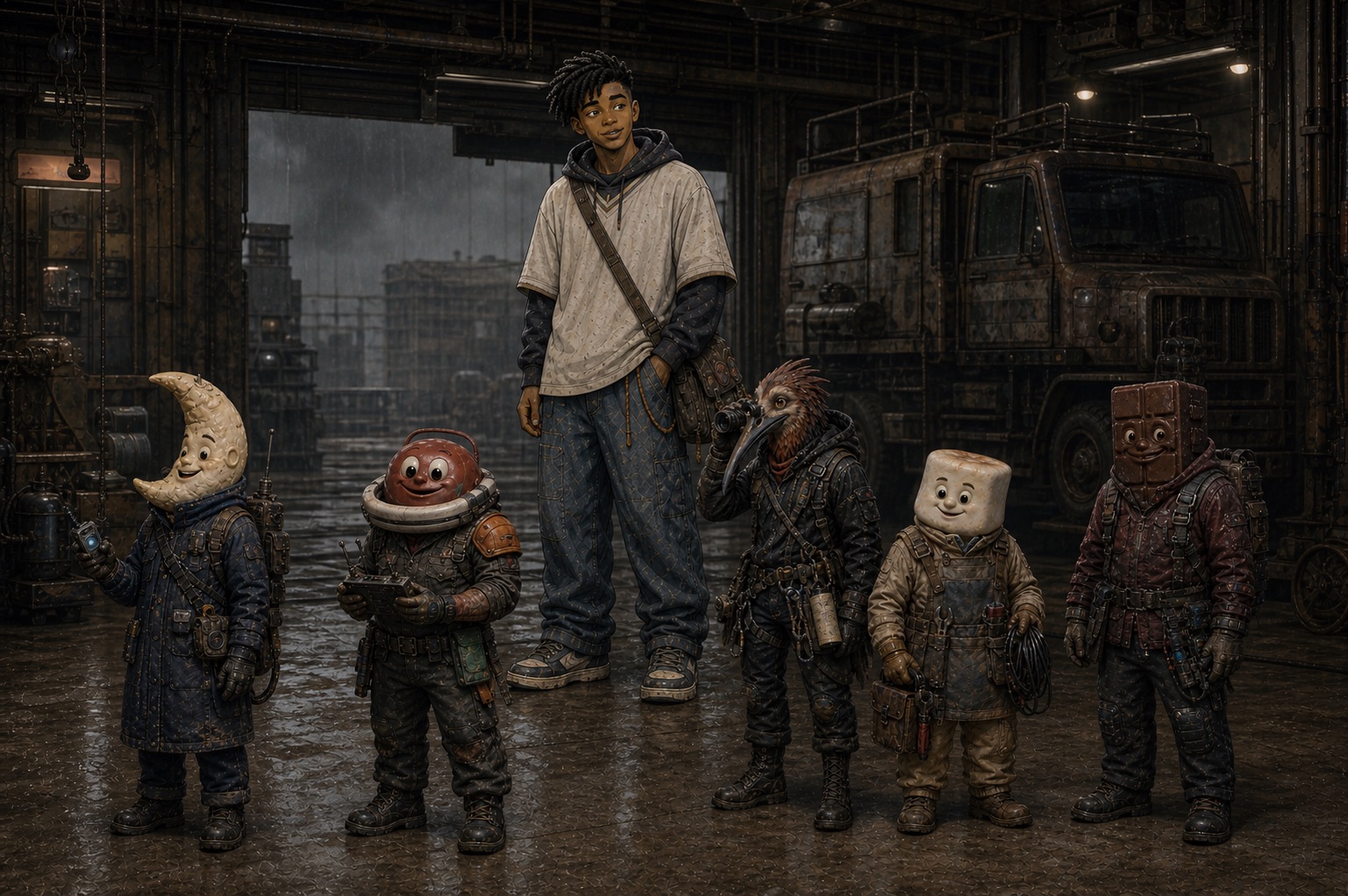 Five impulse stock units of the night and heavy-work lines standing in a vehicle bay with Ozzy behind them as the adult scale reference: Luna the crescent moon in a watch coat, Bumper the helmeted red orb with a controller, Bramble the kiwi bird with a monocular, Mallow the marshmallow in coveralls carrying wrenches and cable, and Cove the chocolate bar in a maroon work jacket. Each unit stands about half Ozzy's height.