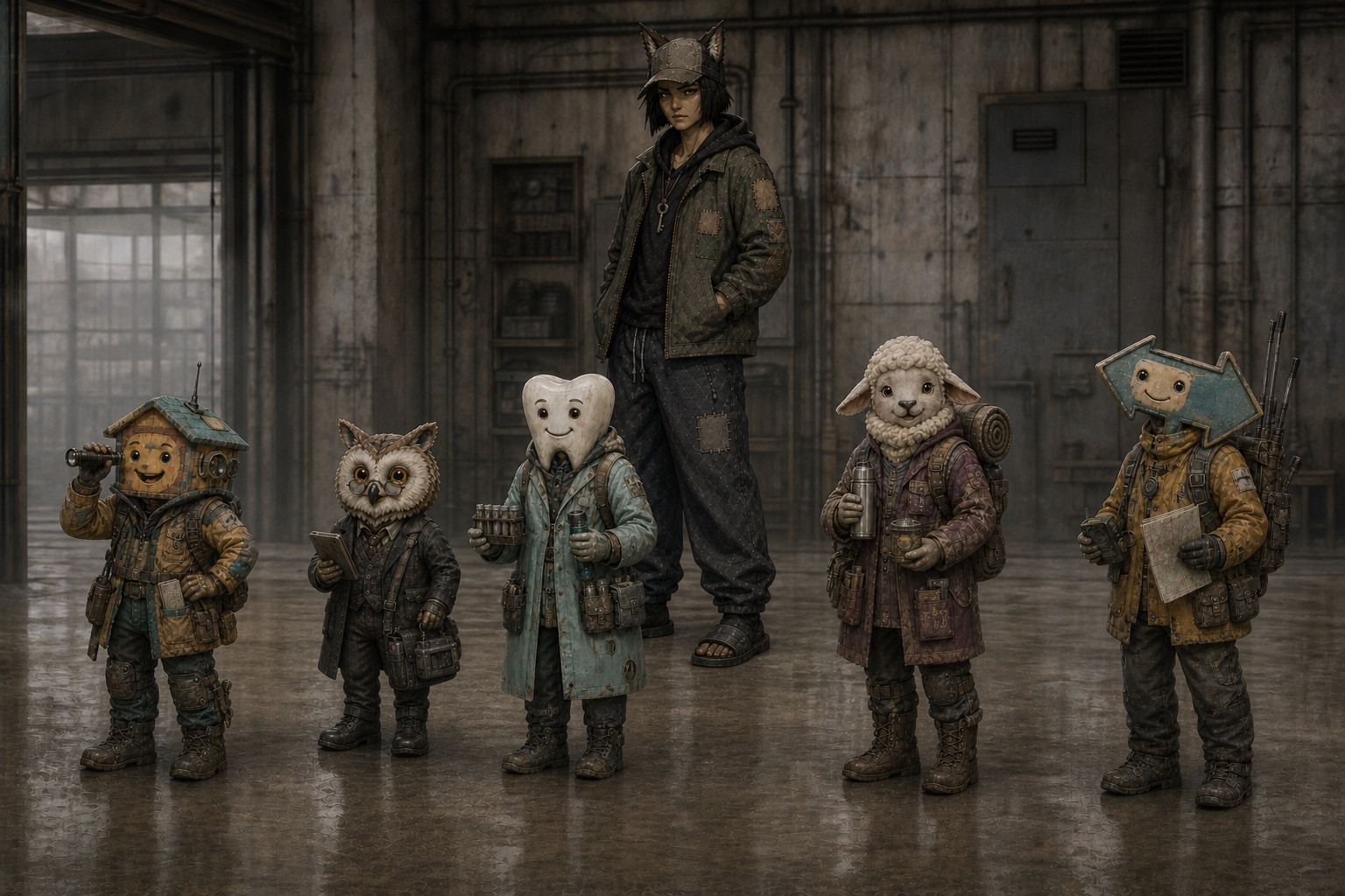 Five impulse stock units of the service and care lines in an industrial service office with Danka behind them as the adult scale reference: Hut the birdhouse with a flashlight, Prudence the owl in a dark suit holding a ledger, Pearl the tooth in a pale coat with sample vials, Baa the sheep with a thermos and bedroll, and Finder the smiling arrow sign with a map. Each unit stands about half Danka's height.
