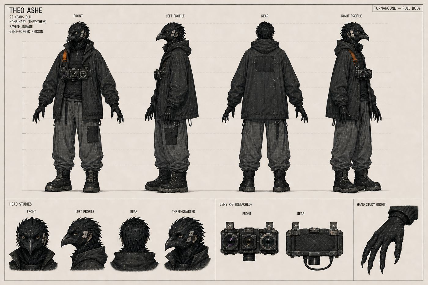 Theo 3D model reference sheet, v2. A production-direction exploration; no pipeline decision recorded.