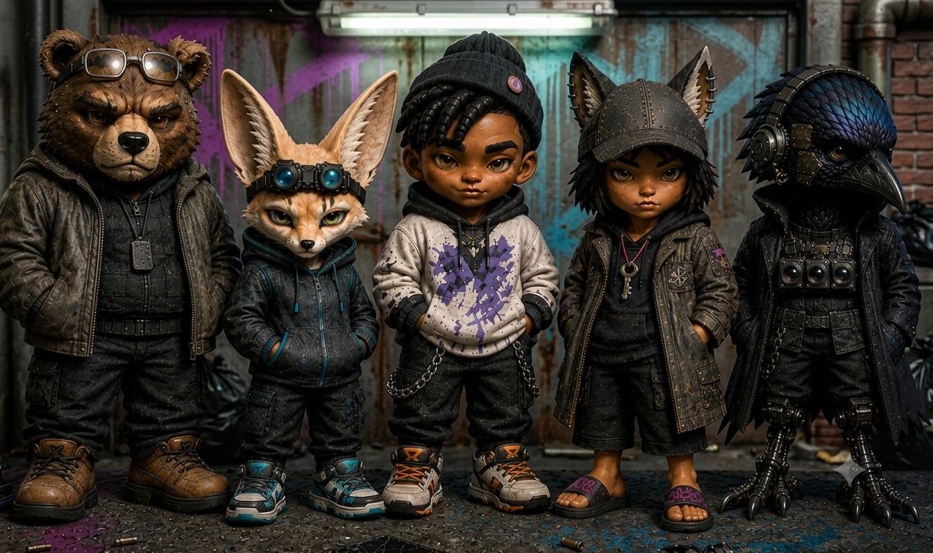 The approved ensemble, Gemini vinyl render — deployed live as redesign/crew-ensemble-gemini.png. Every 2026-09-02 ruling is visible in one frame: Grigor’s single brow glasses, Cas’s bare fennec ears and dual-lens rig, Ozzy fully human, Danka’s human face with wolf ears through the cap and slides on her feet, Theo iridescent with the chest array and prosthetic talons.