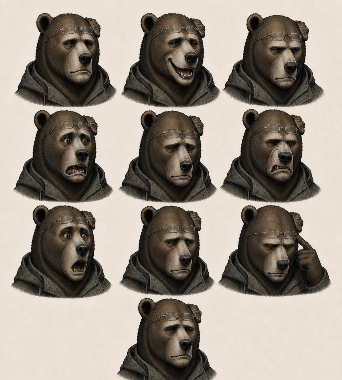 Grigor expression sheet, approved: the stillest face in the lineup, and every read is a small departure from calm.