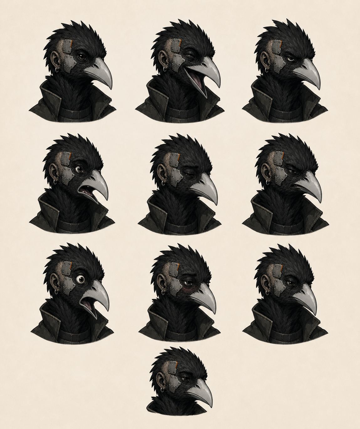 Theo expression sheet, approved: what a beak and feathering do instead of a human face.