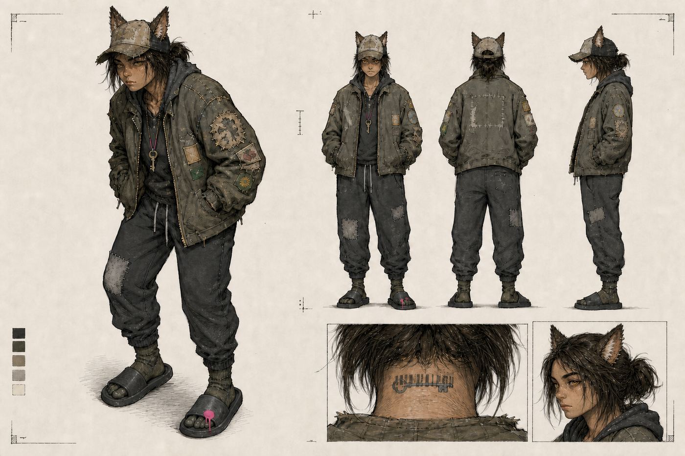 Concept sheet, v2 ear anatomy: turnaround, expressions (the flattened-ears tell), hands.