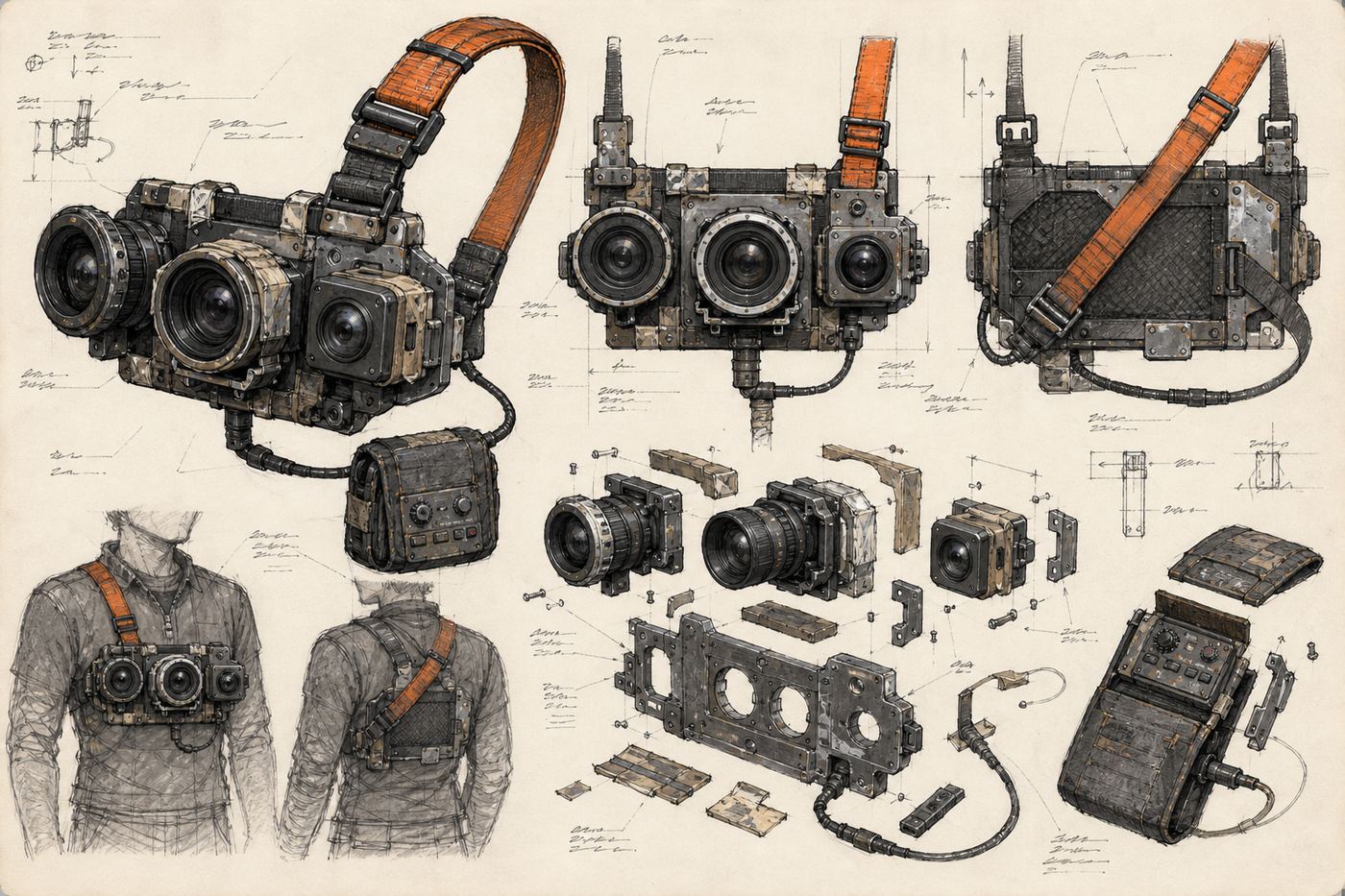 The lens rig: three optics jury-rigged to thrifted frames, tape and paint-pen serials.