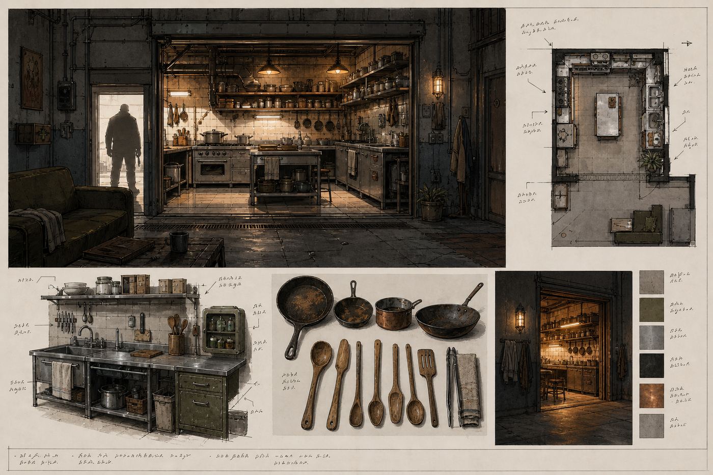 The kitchen environment sheet: uniquely, his character design includes a room.
