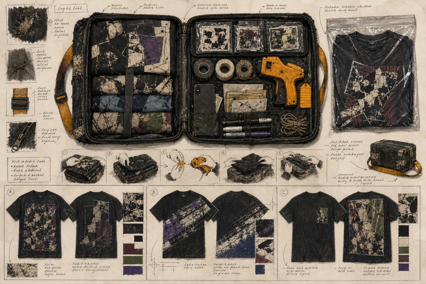 The vendor bag interior and bootleg shirt designs.