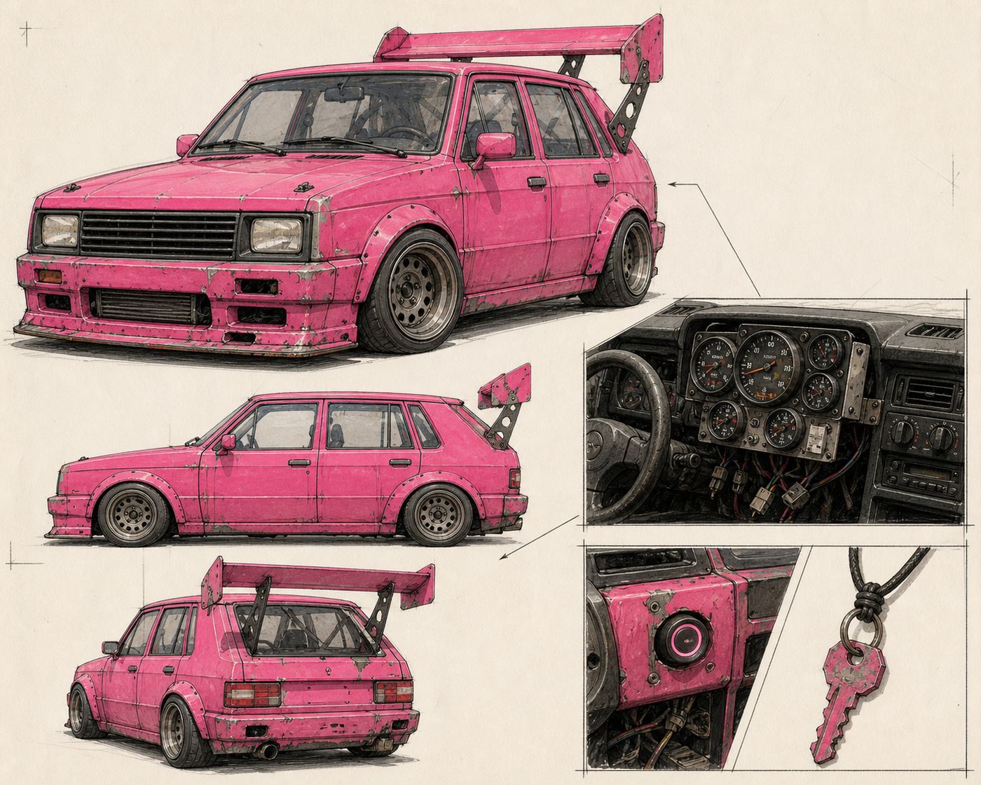 Civilian, exterior: dead-marque hatchback, absurd spoiler, a pink Kavast has no code for.