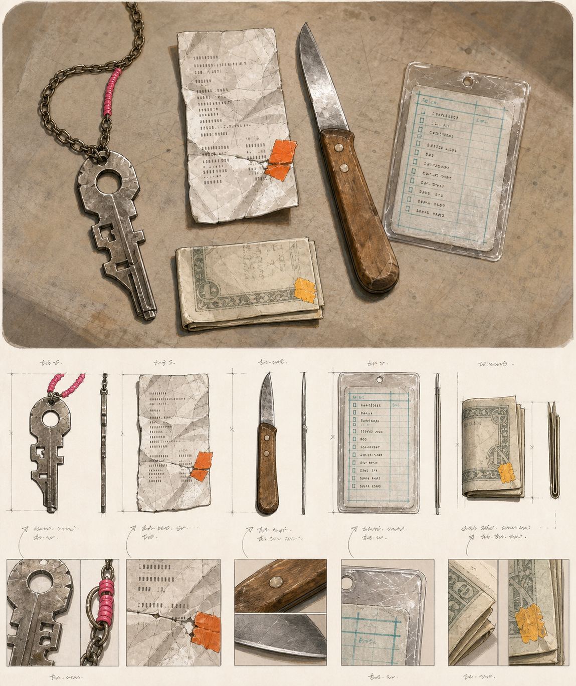 Paper against the heart: the key, the receipt, the knife, the card, the folded bill.