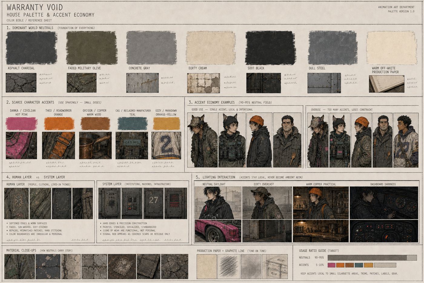 House palette and accent economy: neutrals dominate; each lead owns exactly one accent.