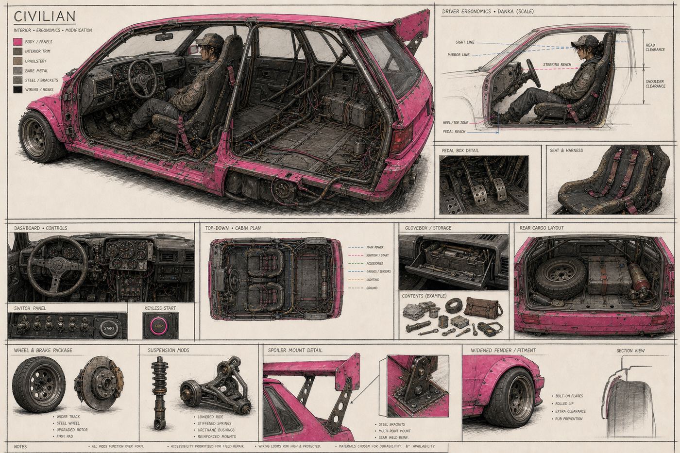 Civilian interior: the stolen Kavast rally gauges glowing in the least official object alive.