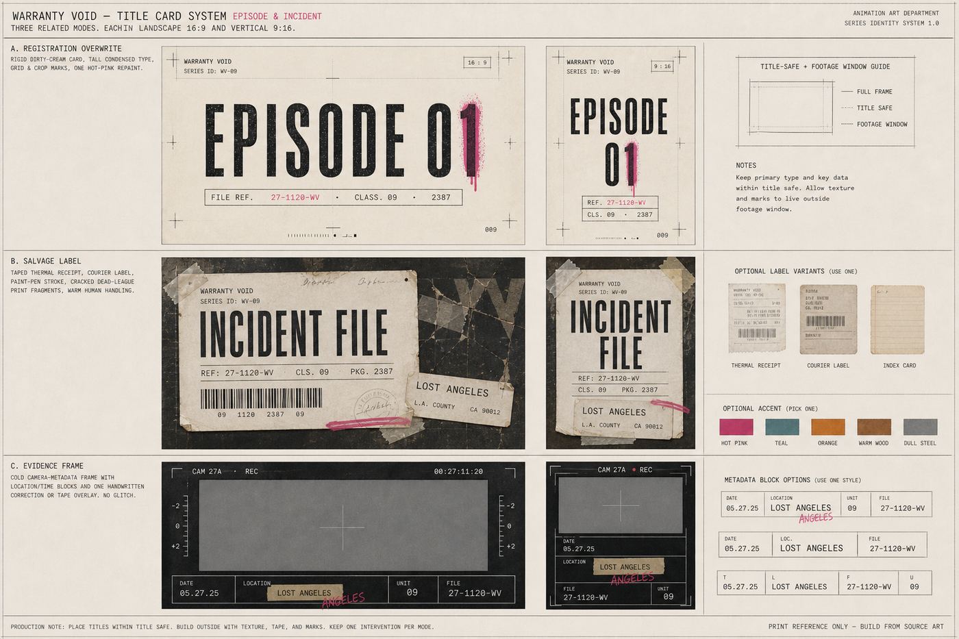 Episode and incident title cards: the hand, scanned, never a font.
