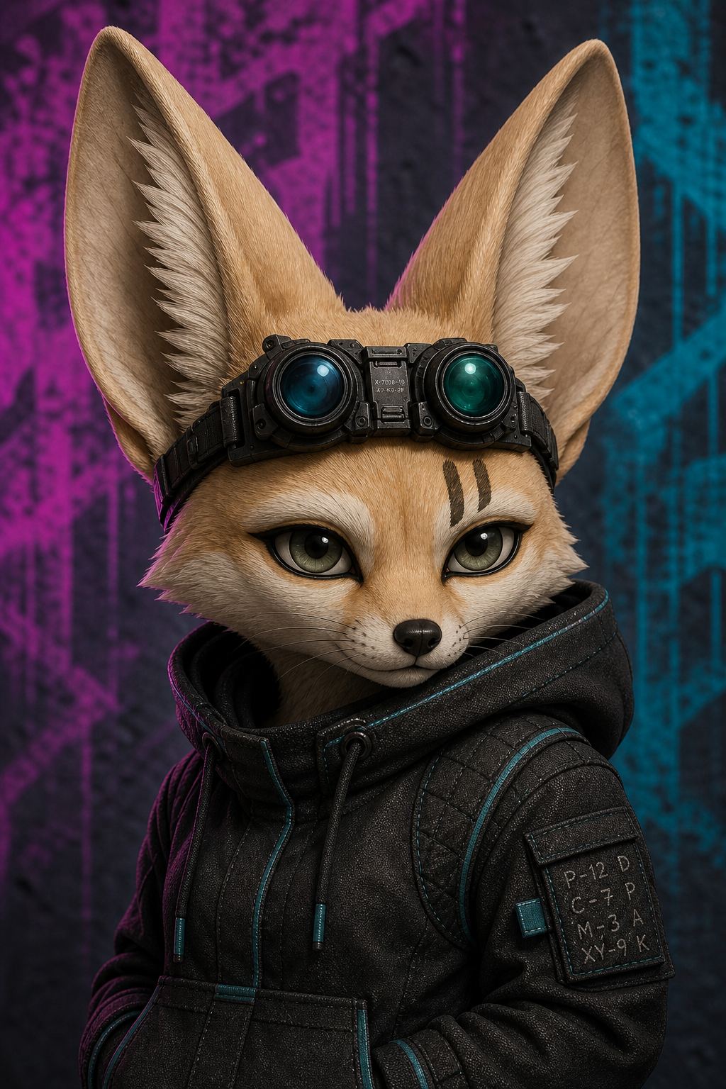 Cas, approved identity portrait (Wave 1), post-restaging: full fennec head, enormous bare radar-dish ears, tapered muzzle, desert-sand and ivory coat, two dark Caseline bars above the LEFT brow, forehead-mounted dual-lens goggle rig below the ears. No headwear — the cut watch cap is retired with the lynx.