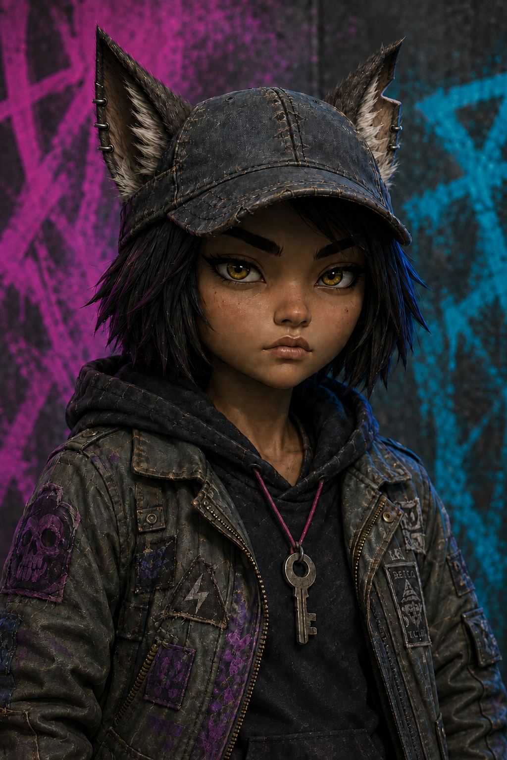 Danka, approved identity portrait (Wave 1): human face, no human ears anywhere, wolf ears through tailored cap slots, cartilage piercings, the left-ear V-notch on the anatomical left.
