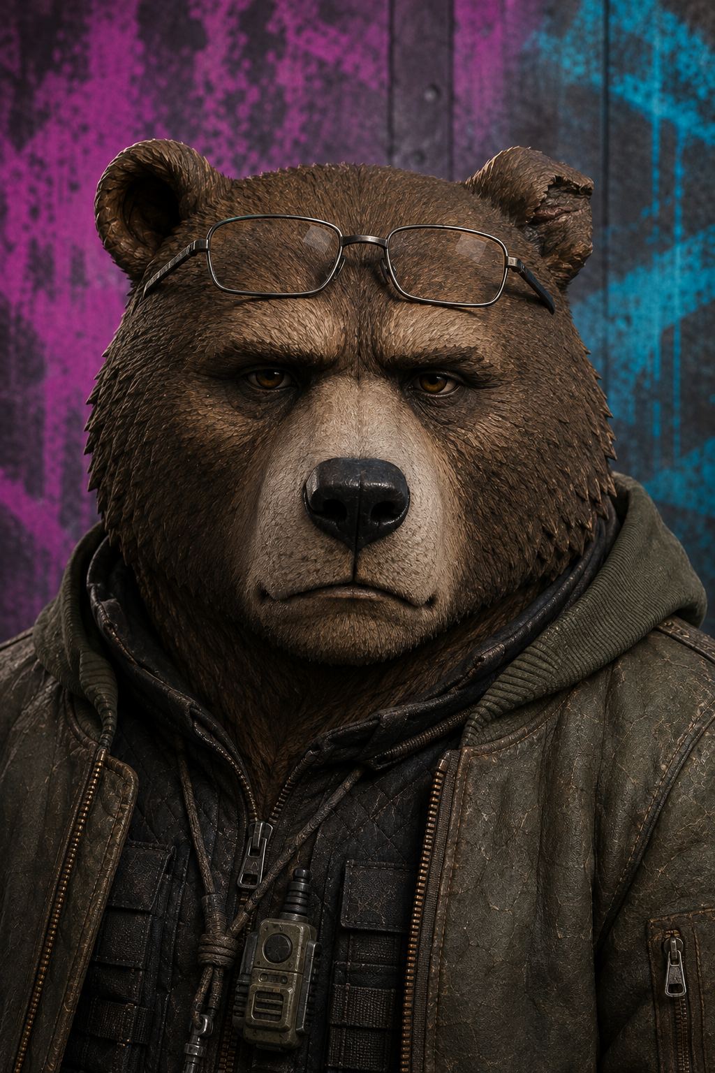 Grigor, approved identity portrait (Wave 1): exactly one pair of glasses, worn on the brow — never two, never a second pair — and the torn left ear restored.