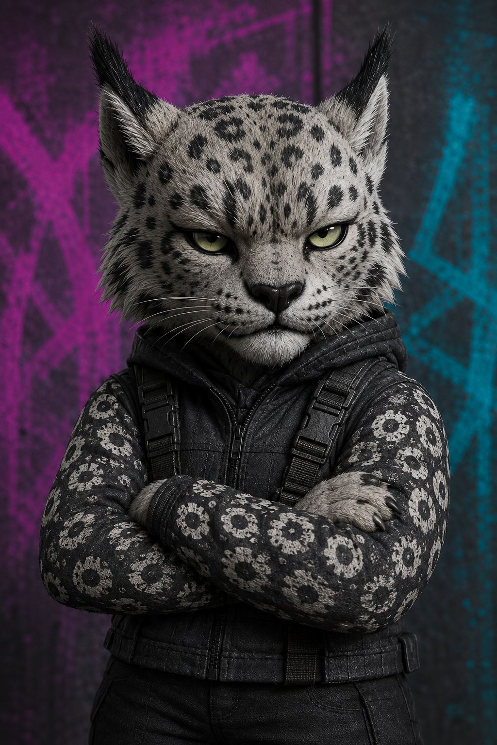Marit, approved identity portrait (Wave 1) — her first plate in this volume: ivory and silver snow leopard, charcoal biological rosettes, black ear tips and long tufts, yellow-green eyes. Every manufacturer’s mark, label and logo removed from everything she wears.