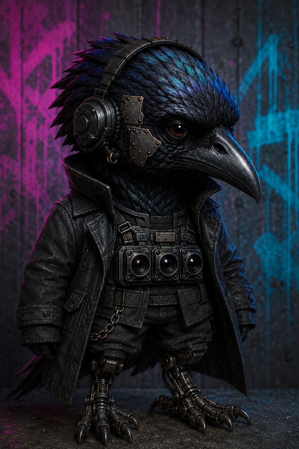 Theo, approved identity plate (Wave 1), full-body by design: iridescent blue-black plumage, unobstructed eyes, over-ear tactical headset, three-lens chest array reading as anatomy, and both lower legs replaced with mechanical prosthetic talons — new canon 2026-09-02. Normal compact torso over disproportionately short mechanical legs; never lengthen them.