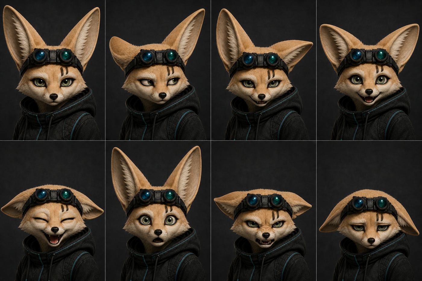 Cas expression sheet with pose-specific ear acting: the ears track independently of the gaze, which is now a lineage fact rather than a tic — hearing is what Caseline built her to do. The three-second silence has a face.