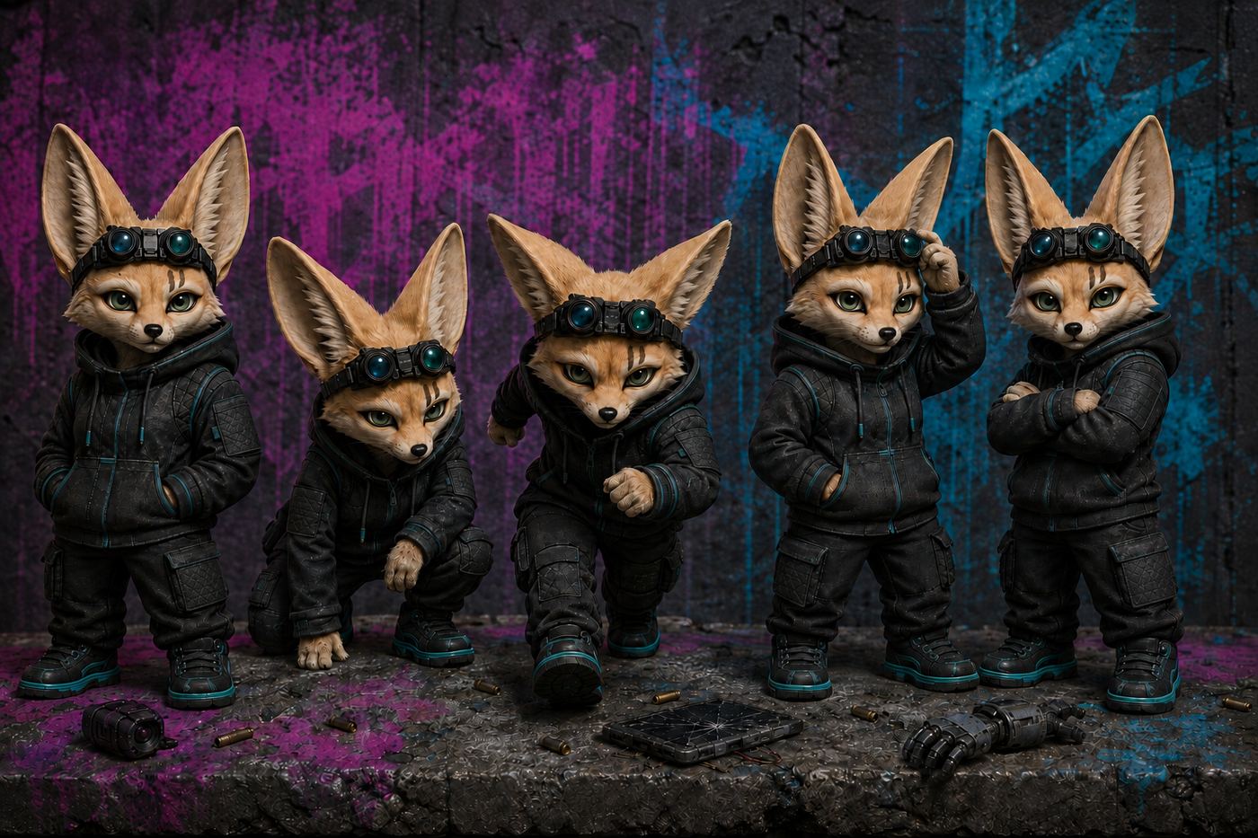 Cas multipose sheet: both ears to full height in every pose. Never crop them; the ears are the silhouette, and they separate at CAM-06 grain better than the old tufted-cap read ever did.