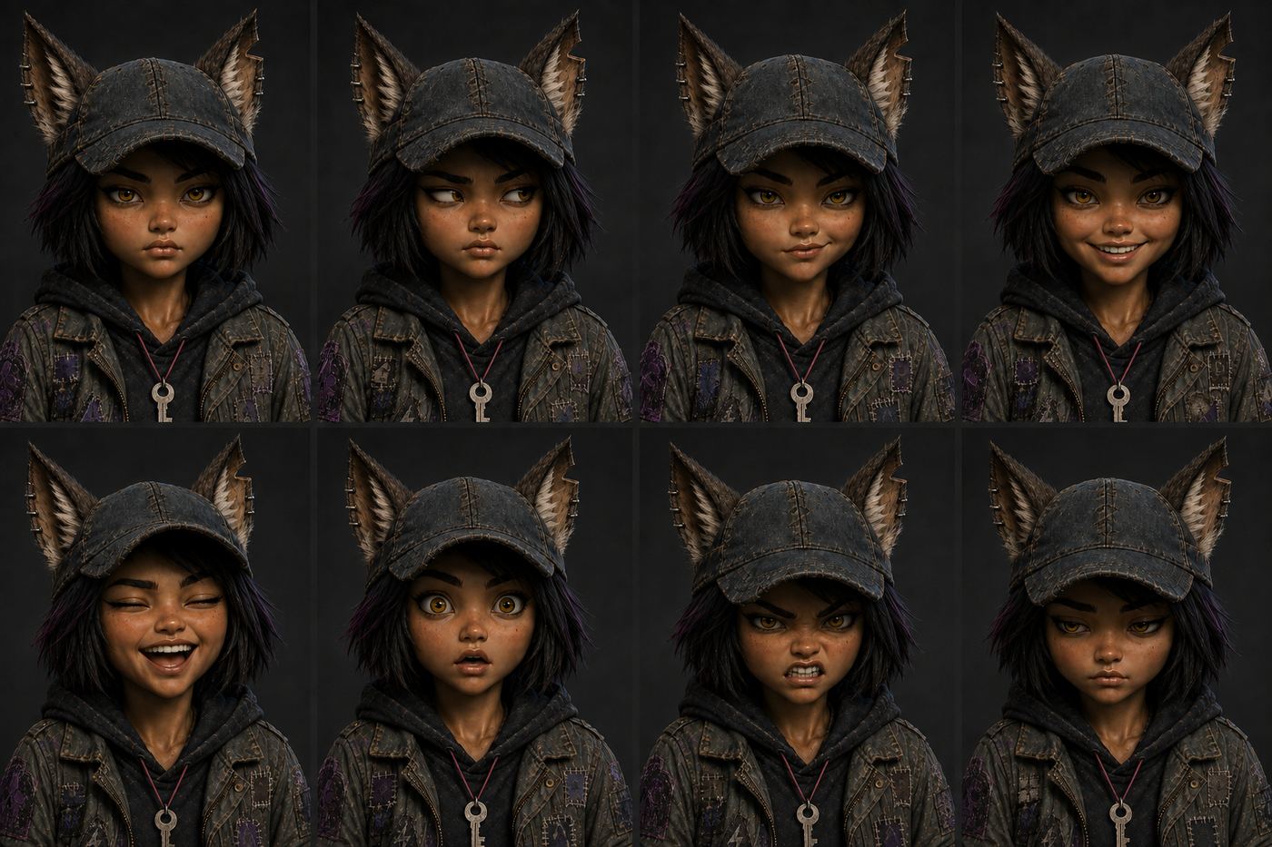 Danka expression sheet: eight reads, human face throughout, the notch consistent across every head angle. The anger still gets quieter, not louder.