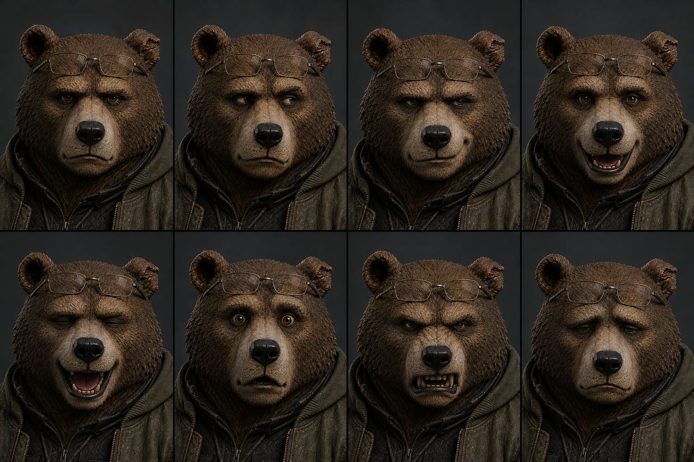 Grigor expression sheet: the stillest face in the lineup by design, and every read is a small departure from calm.