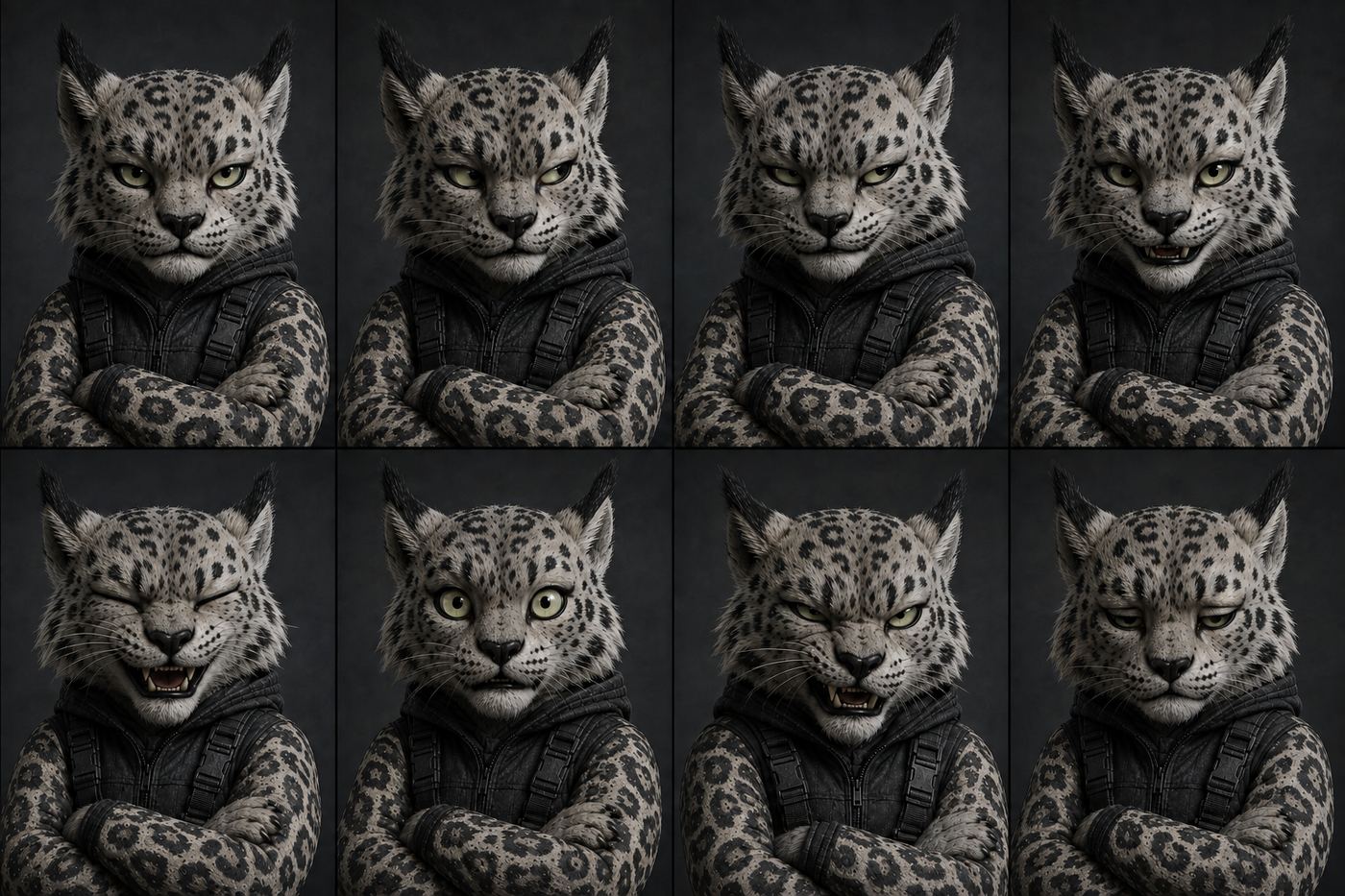 Marit expression sheet, with the hand-painted rosettes confined to the sleeves. Ruled 2026-09-02: the sleeves stay. The painted arms are the only self-authored surface on her body — she authors herself exactly where no camera has ever recorded her — and the sleeveless puffer is a variant worn over them, never instead.