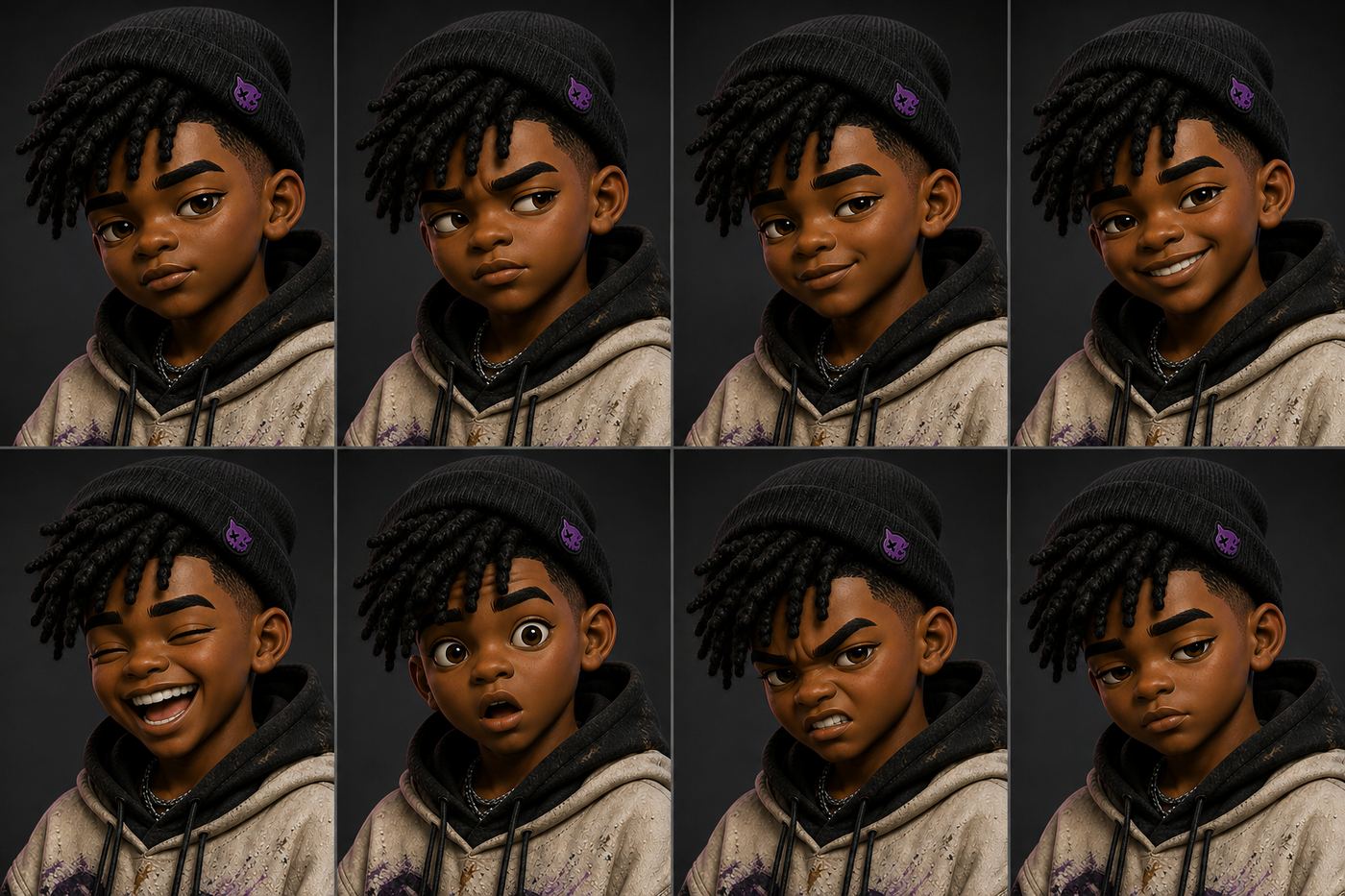 Ozzy expression sheet: the full talking range, delight to caught-out.