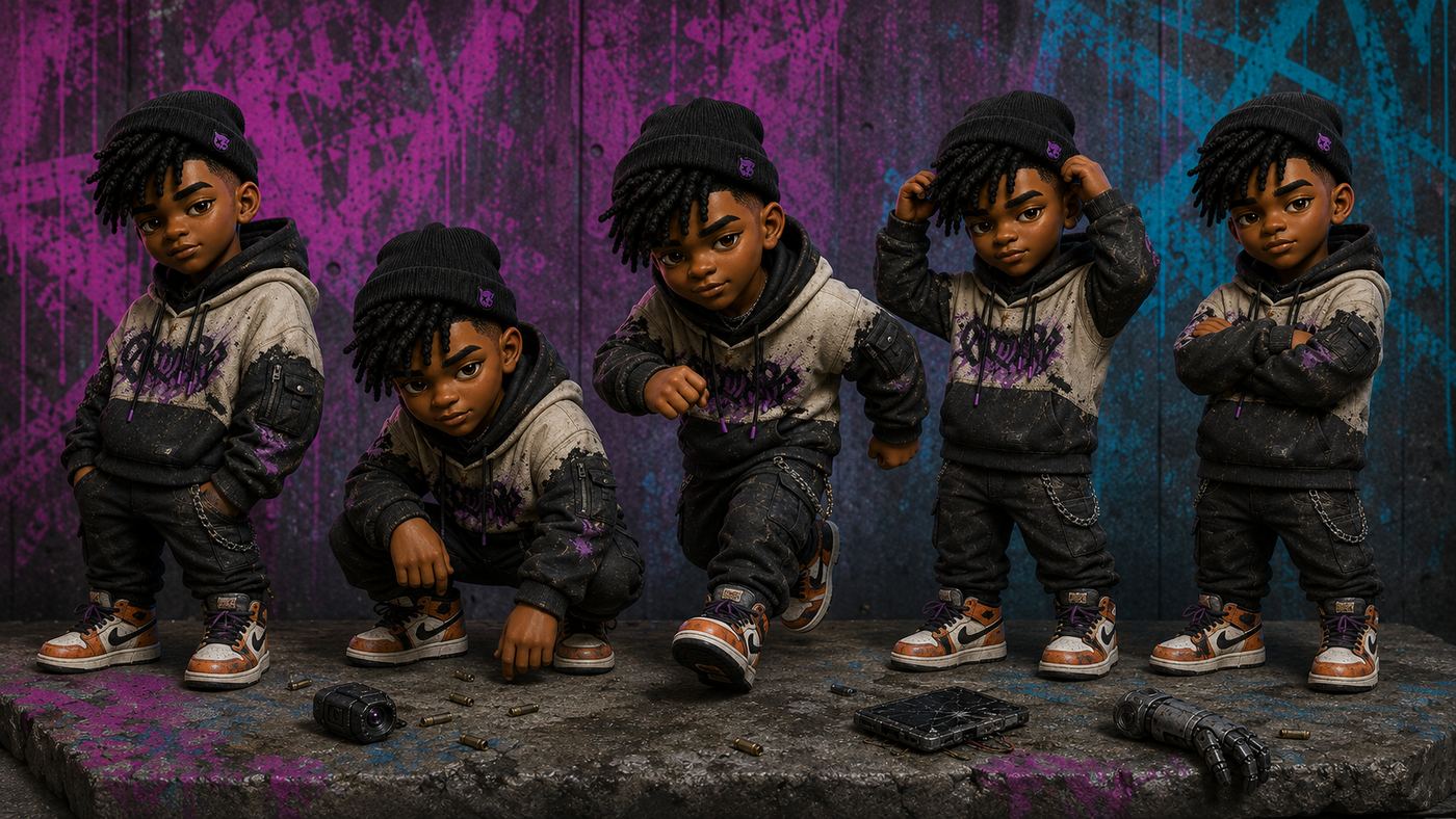 Ozzy multipose sheet: two-tone stencilled hoodie, wallet chains, the custom sneakers with the aglet detail.