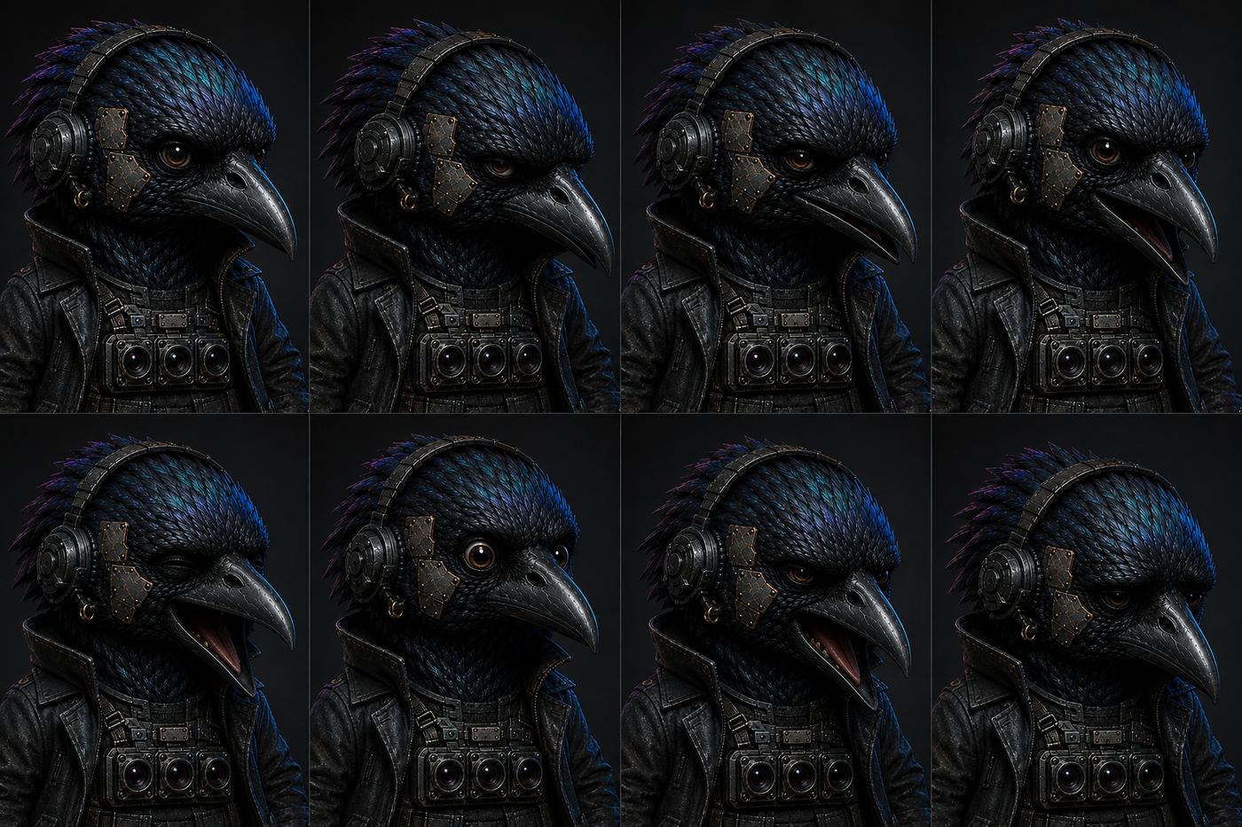 Theo expression sheet: what a beak, a crest and a head-tilt do instead of a human face. No monocle, no eye-mounted optic.