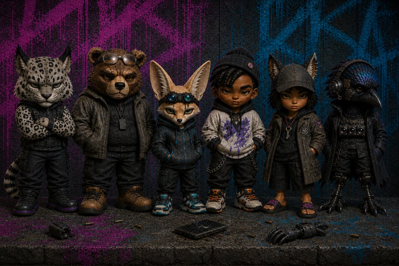 The definitive ensemble plate at the chibi standard. Supersedes 42-strict-chibi-approved-crew-ensemble.png, which is identity-correct and off-model on proportion.