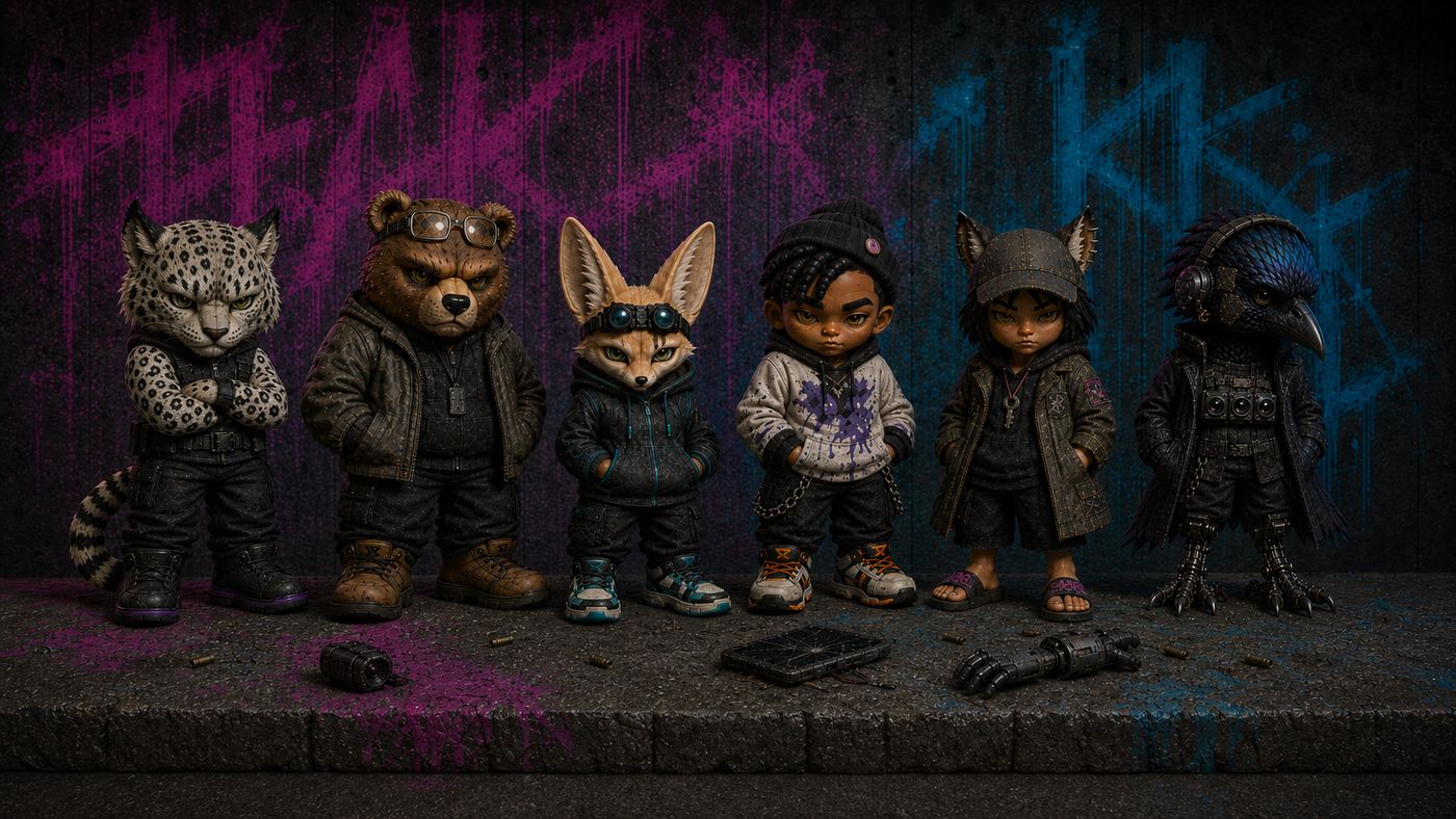 Wide key art. The silhouette row is the acceptance test: three distinct animal heads, one eared human face, one bare human, and a snow leopard who is only sometimes there.