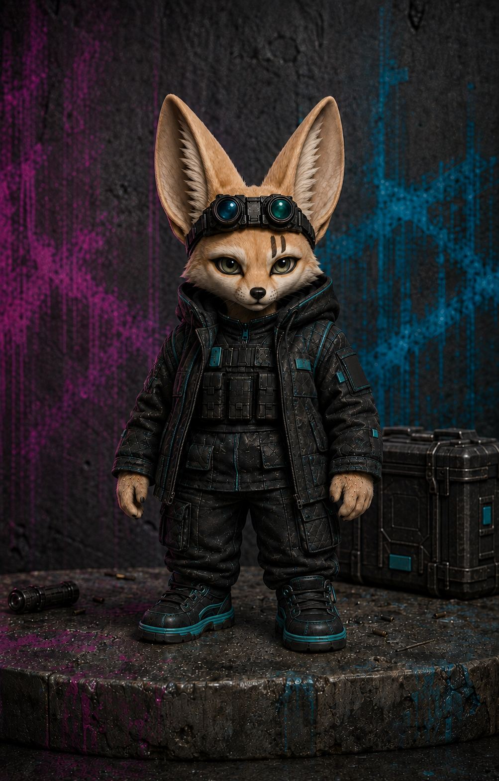 Cas fashion plate: high structured cowl-neck tech hoodie, hands in the front pockets, Caseline-teal piping, cargo trousers with legible paint-pen pocket manifests.