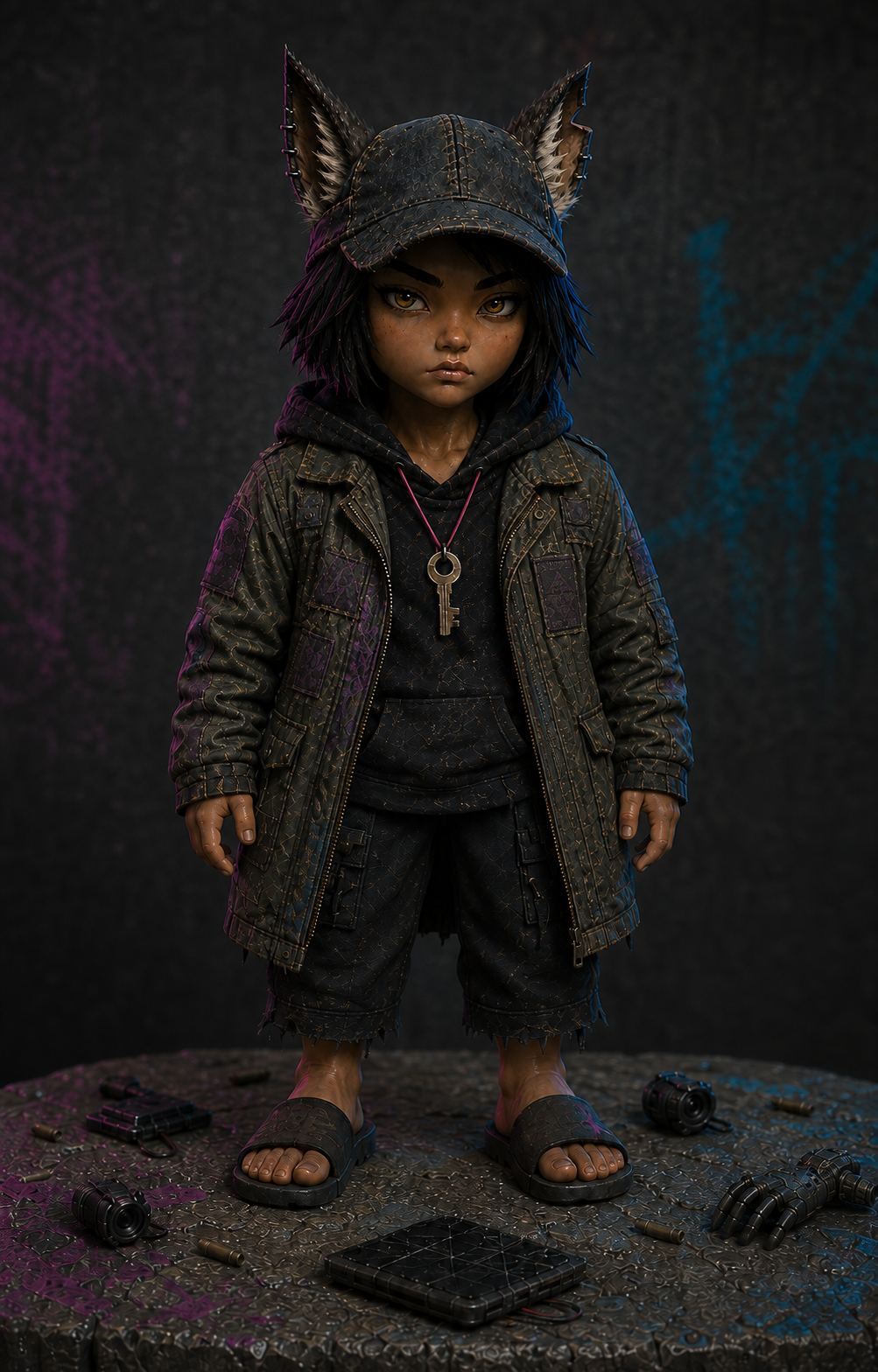 Danka, current chibi wardrobe reference: layered duster, cropped cargos, key pendant and foam slides.