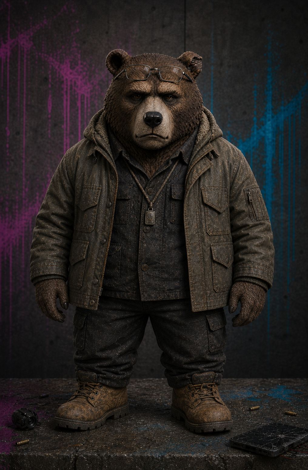 Grigor fashion plate: weathered bomber over the tactical utility vest, heavy work boots, comms lanyard.