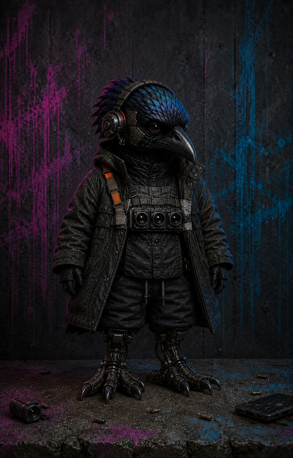 Theo, current chibi full-body reference: raven head, chest-mounted optics and short mechanical lower legs.