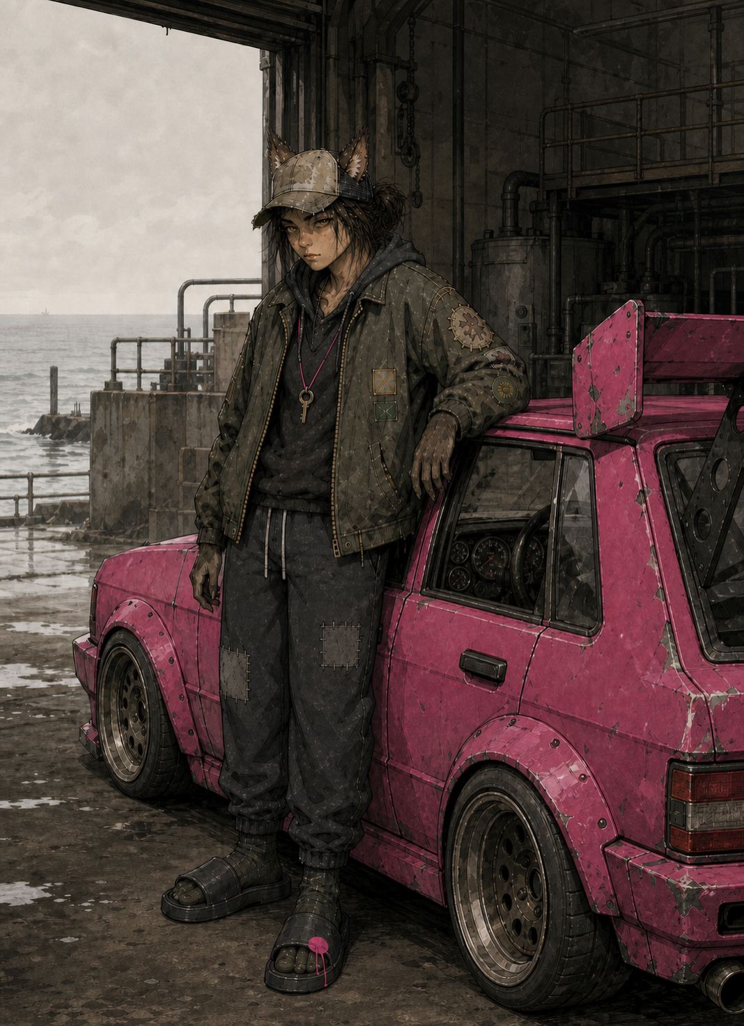 The IP Bible cover plate: Danka Ivel, human-faced with wolf ears through a trucker cap, standing against Civilian &mdash; her patched pink hatchback &mdash; in the mouth of the waterfront garage, grey sea behind her.
