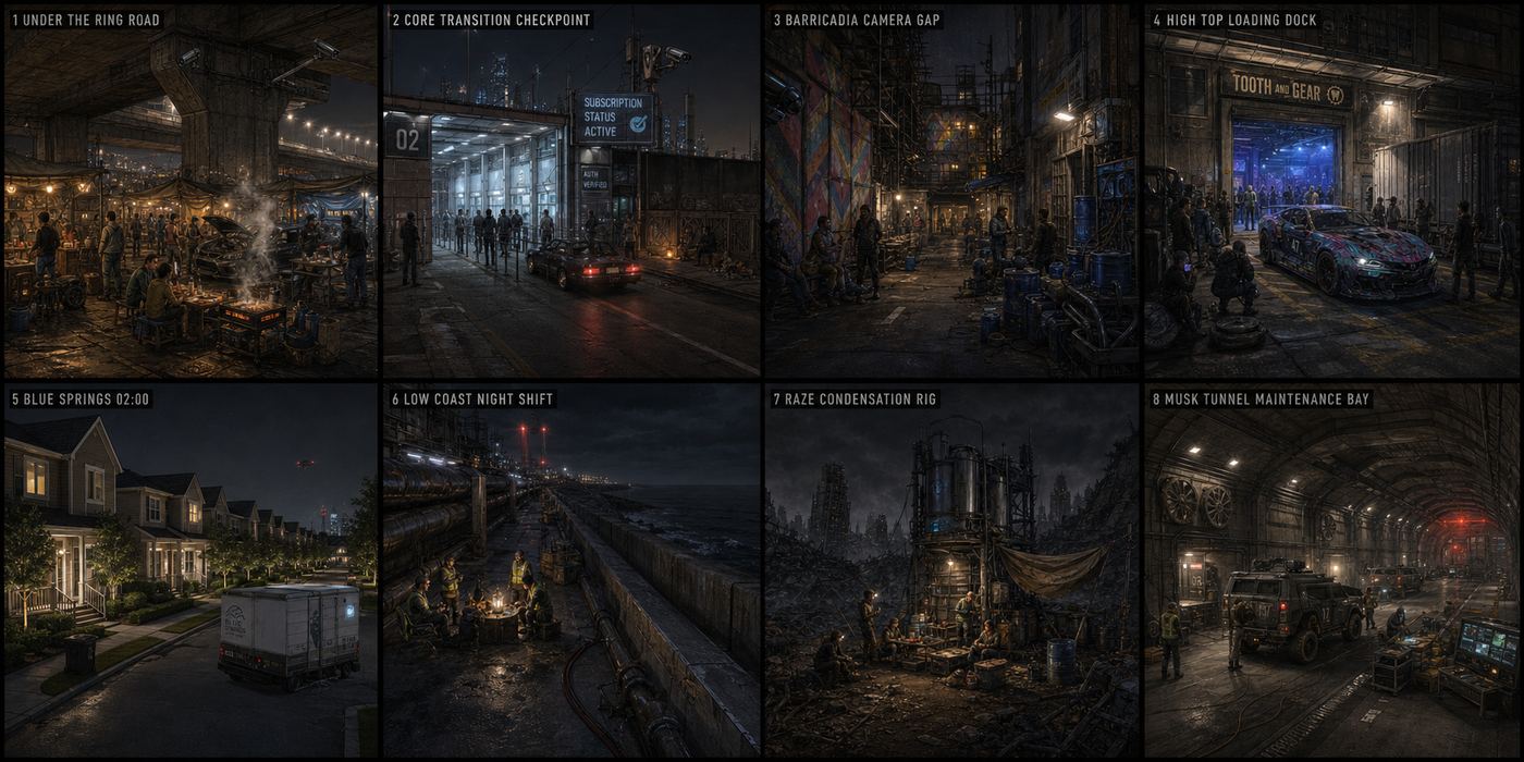 Street-level night location board.