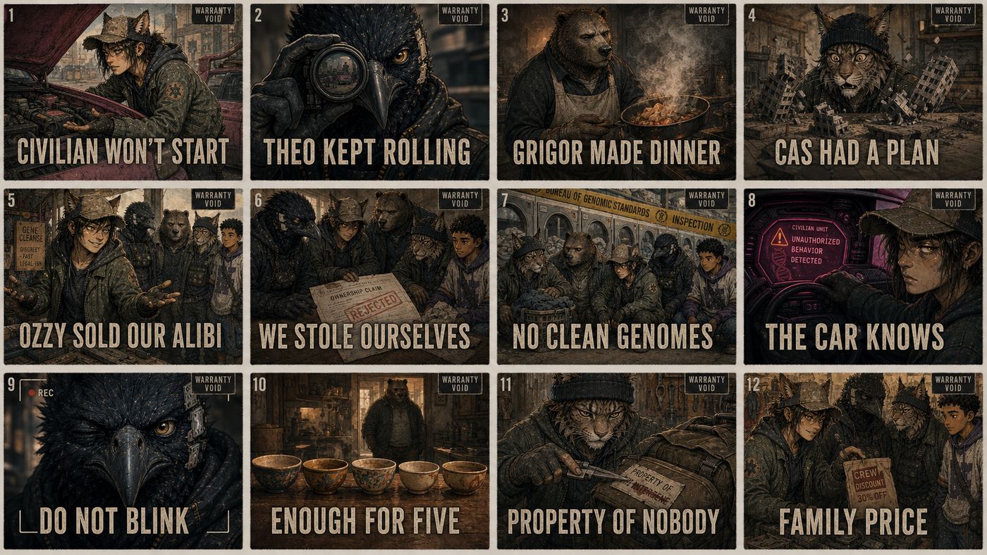 Episode thumbnail system, campaign mockup: evidence tags, not advertisements.