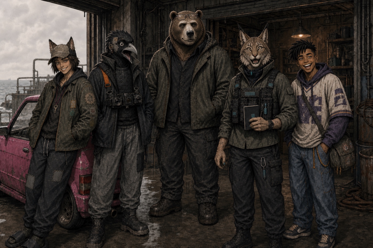 WARRANTY VOID key art: the five-operator splice lined up grinning in their rusted waterfront garage beside the pink hatchback, grey sea behind them. Danka, human-faced with wolf ears through a trucker cap, stands beside Theo the raven mid-caw, Grigor the bear with reading glasses pushed up on his head, Cas the lynx holding her mission notebook, and Ozzy, unmodified, laughing in a purple hoodie and thrifted jersey.