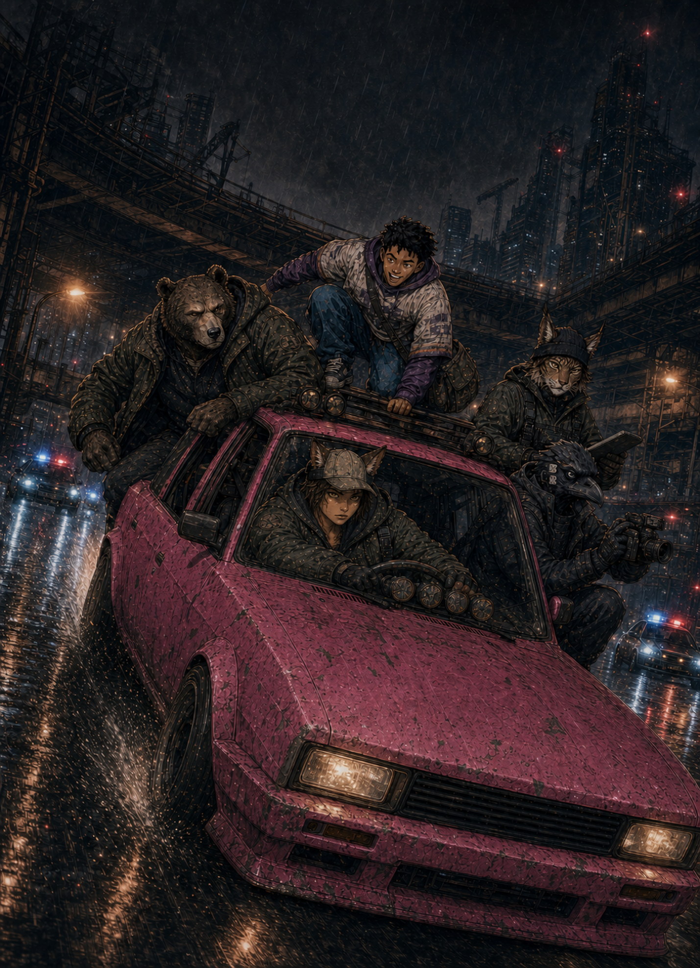 Cover of WARRANTY VOID: The Mission Book, Volume One. The five-operator splice riding the pink hatchback through a rain-lit Lost Angeles street at night, with human-faced, wolf-eared Danka at the wheel.