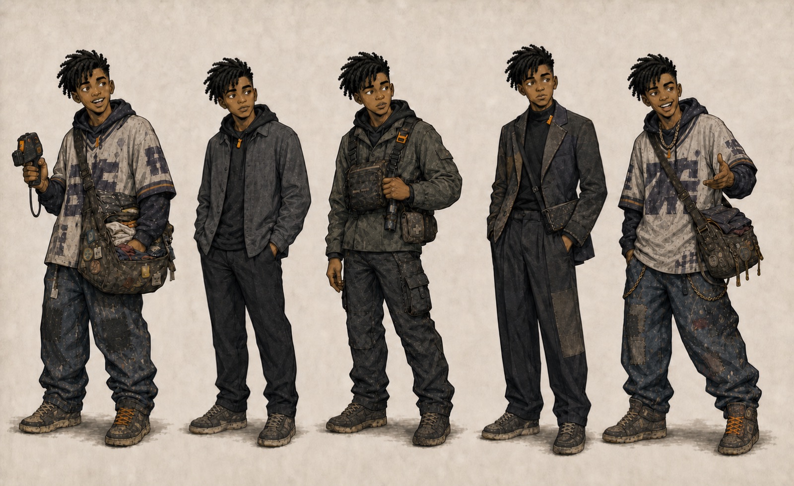 Ozzy Okonkwo-Cruz across five fits: full stall fit with vendor bag and price scanner, a plain overshirt, a chest-rig field fit, a patched blazer over a turtleneck, and peak jersey drape with chain and fresh sneakers. The vendor bag and one fluoro lace or tag survive every fit; no augment shapes anywhere.