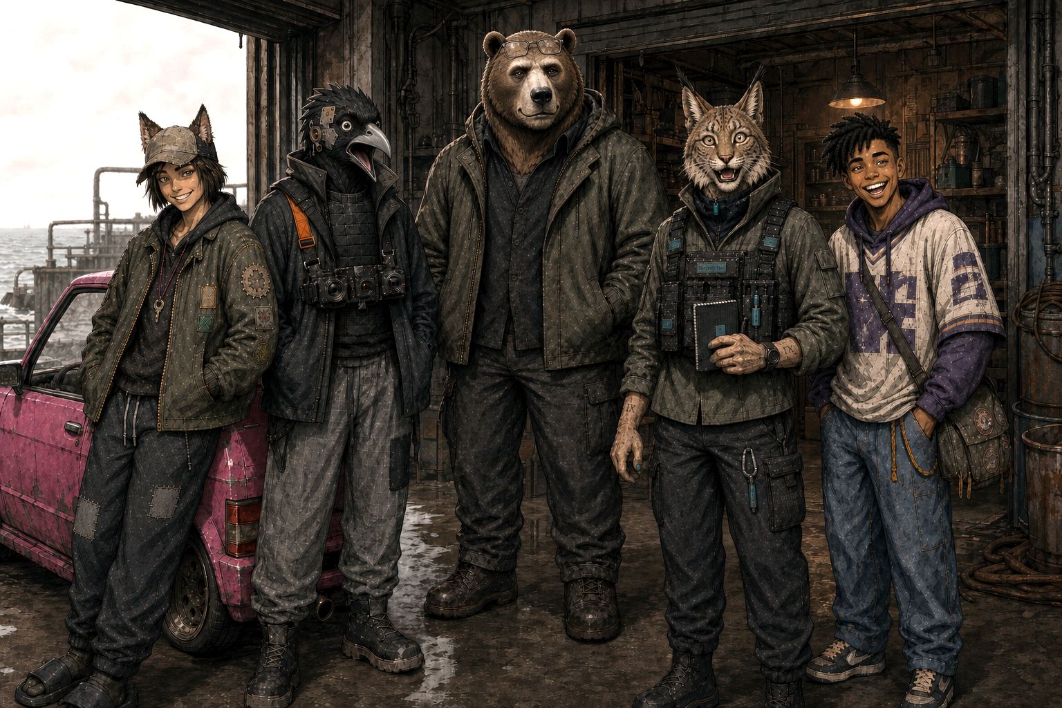 The Warranty Void crew: all five, in their garage